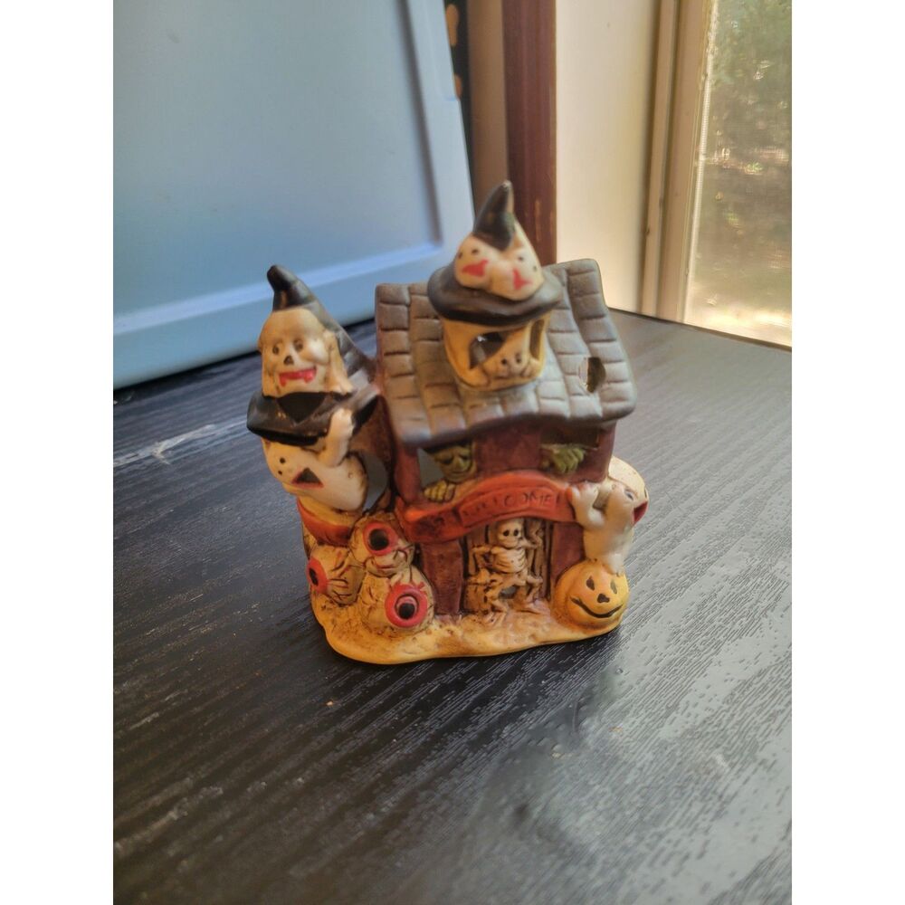 Vintage Ceramic Halloween Haunted House Candle Holder Ghosts Eyeballs